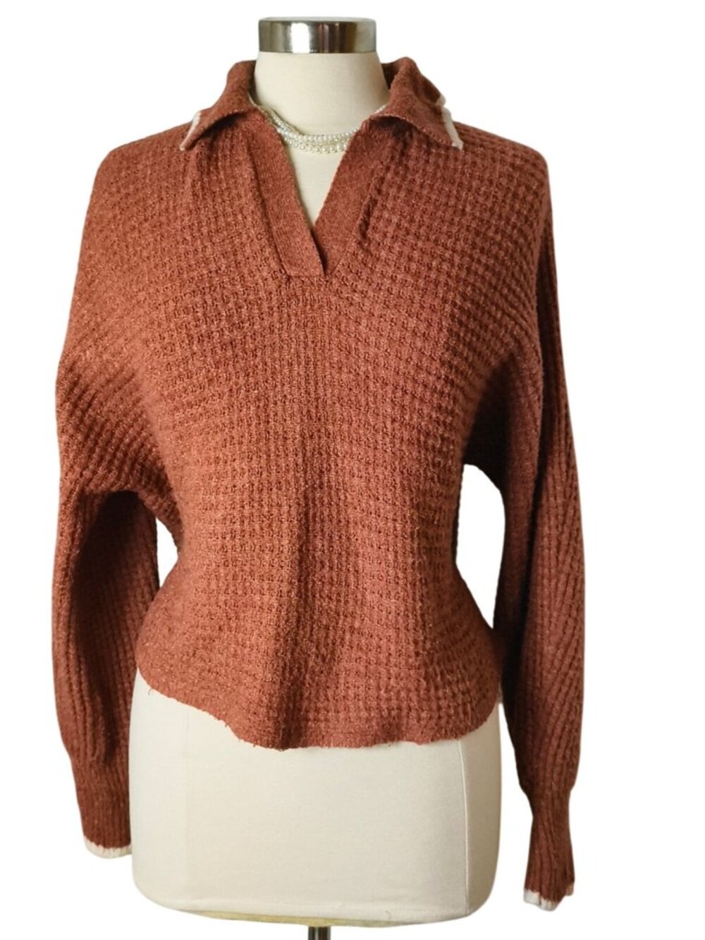 Womens L Cropped Sweater Rust Brown Waffle Knit Collared Preppy Cabin Coastal SO